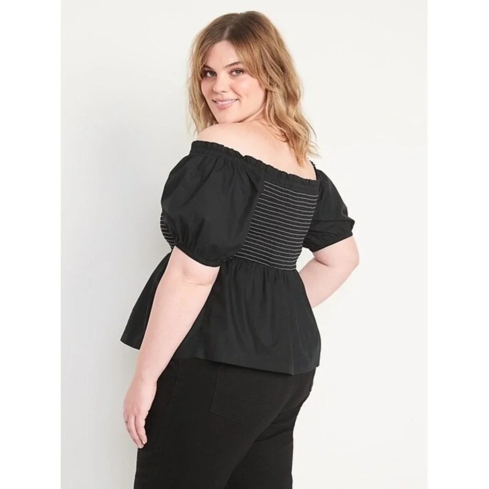 NWT Old Navy Off The Shoulder Smocked Babydoll Swing Puff Sleeve Top Black 2X